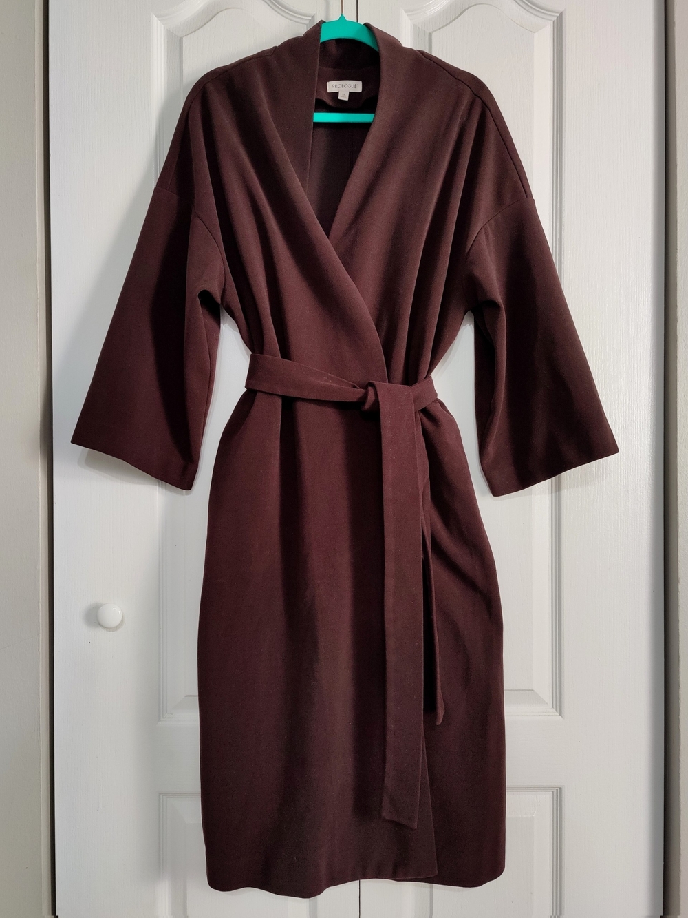 Prologue Womens XL Collarless Longline Wrap Coat Cocoa Belted Open Front Pockets